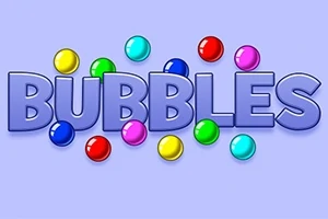 Mor bir arka plan üzerinde renkli toplar ve büyük harflerle BUBBLES yazısı