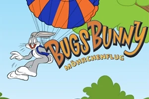 Bugs Bunny karakteri, mavi ve turuncu bir paraşütle gökyüzünde süzülüyor, arka planda ağaçlar yer alıyor