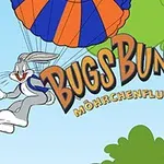 Bugs Bunny karakteri, mavi ve turuncu bir paraşütle gökyüzünde süzülüyor, arka planda ağaçlar yer alıyor