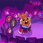Taç giymiş bir tavşanın dairesel alanda etrafında asılı hayvan kartlarıyla durduğu mor tonlarında çizgi film sahnesi