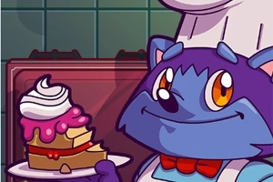 Mavi bir kedi şef, başında şapka ve önlüğüyle servis ettiği kremalı bir pasta dilimi tutuyor
