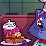 Mavi bir kedi şef, başında şapka ve önlüğüyle servis ettiği kremalı bir pasta dilimi tutuyor