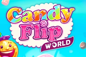 Renkli yazı stiliyle Candy Flip World metninin bulunduğu, arka planda şekerlemelerin yer aldığı mavi bir illüstrasyon