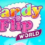 Renkli yazı stiliyle Candy Flip World metninin bulunduğu, arka planda şekerlemelerin yer aldığı mavi bir illüstrasyon