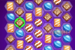 Mor arka planda farklı renk ve şekillerde şekerlerin olduğu bir eşleştirme puzzle ekranı