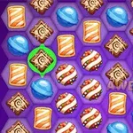 Mor arka planda farklı renk ve şekillerde şekerlerin olduğu bir eşleştirme puzzle ekranı