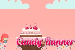 Pembe fonda büyük bir pasta ve yanında kırmızı saçlı bir figür ile Candy Runner yazısı