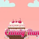 Pembe fonda büyük bir pasta ve yanında kırmızı saçlı bir figür ile Candy Runner yazısı