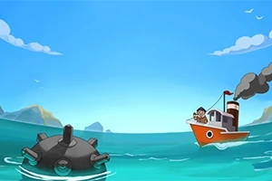 Denizde mayın ve küçük bir gemi ile çizgi film tarzında bir sahne