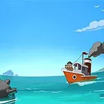 Denizde mayın ve küçük bir gemi ile çizgi film tarzında bir sahne