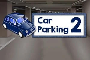 Mavi bir arabanın karikatürü ve Car Parking 2 yazılı bir tabelanın bulunduğu otopark içi