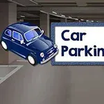 Mavi bir arabanın karikatürü ve Car Parking 2 yazılı bir tabelanın bulunduğu otopark içi