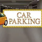 Kapalı bir otoparkta, sağda Car Parking yazılı tabela ve solda sarı bir araba
