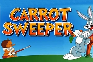 Bir tavşan elinde havuç tutarken arka planda büyük turuncu harflerle Carrot Sweeper yazısı, bir adam tüfek doğrultmuş halde