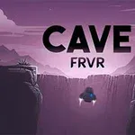 Mor tonlardaki dağ manzarasının üzerinde CAVE FRVR yazısı ve altındaki uçan araç