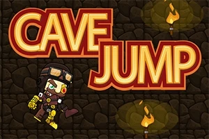 Çizgi film tarzında madenci kıyafetli bir karakter, mağara duvarı arka planında büyük Cave Jump yazısının yanında bulunmaktadır