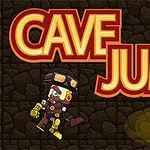 Çizgi film tarzında madenci kıyafetli bir karakter, mağara duvarı arka planında büyük Cave Jump yazısının yanında bulunmaktadır