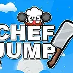 Bulutlu mavi bir arka planın önünde iki büyük bıçağın yanında giydirilmiş şapka ve kırmızı burunlu bir aşçı karakteriyle birlikte Chef Jump yazısı