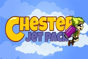 Gökyüzünde bulutların önünde uçan yeşil saçlı bir çocuk ve büyük sarı harflerle yazılmış Chester Jet Pack yazısı