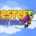 Gökyüzünde bulutların önünde uçan yeşil saçlı bir çocuk ve büyük sarı harflerle yazılmış Chester Jet Pack yazısı