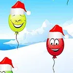 Noel şapkası takmış neşeli balonların karlı bir arka plan önünde uçuşması