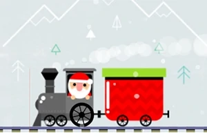 Noel Baba figürü, çizgi tarzında tasarlanmış bir treni kullanıyor; trenin arka vagonu kırmızı ve yeşil renkte, arka planda dağ manzarası var