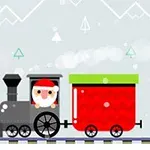 Noel Baba figürü, çizgi tarzında tasarlanmış bir treni kullanıyor; trenin arka vagonu kırmızı ve yeşil renkte, arka planda dağ manzarası var