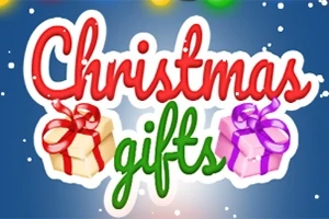 Christmas gifts ifadesi kırmızı ve yeşil renklerle yazılmış, yanında kırmızı ve mor kurdeleli hediye kutuları bulunan bir arka plan