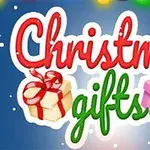 Christmas gifts ifadesi kırmızı ve yeşil renklerle yazılmış, yanında kırmızı ve mor kurdeleli hediye kutuları bulunan bir arka plan