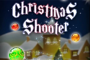 Karlı bir köy manzarasının önünde, Noel temalı dekoratif toplar ve parıltılı yazı bulunuyor