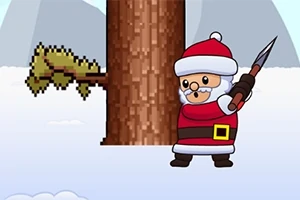 Noel Baba kıyafeti giymiş piksel karakter, karlı bir ortamda baltayla bir ağacın yanında duruyor