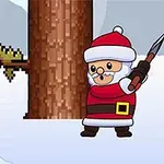 Noel Baba kıyafeti giymiş piksel karakter, karlı bir ortamda baltayla bir ağacın yanında duruyor