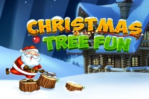 Noel Baba, karlı bir ortamda kütükleri keserken arka planda bir kulübe ve Christmas Tree Fun yazısı