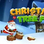 Noel Baba, karlı bir ortamda kütükleri keserken arka planda bir kulübe ve Christmas Tree Fun yazısı