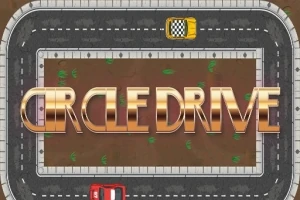 Yarış pistinin ortasında büyük altın renkli CIRCLE DRIVE yazısı, iki araba pistte hareket ediyor