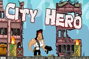 Kaslı bir adam, yangın varili ve yıkık binaların önünde duruyor, arka planda City Hero yazısı bulunuyor
