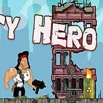 Kaslı bir adam, yangın varili ve yıkık binaların önünde duruyor, arka planda City Hero yazısı bulunuyor
