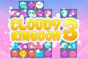 Renkli ve yüz ifadesi olan bulut benzeri şekillerle dolu dikey blokların üzerinde Cloudy Kingdom 3 yazısı