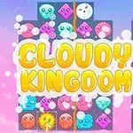 Renkli ve yüz ifadesi olan bulut benzeri şekillerle dolu dikey blokların üzerinde Cloudy Kingdom 3 yazısı