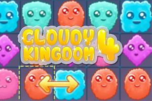 Renkli bulut şekilli karakterler ve Cloudy Kingdom 4 başlığı bulunan bir oyun ekranı