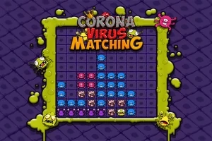 Renkli virüs karakterlerinin yer aldığı kareli bir oyun tahtası ve Corona Virus Matching başlığı