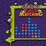 Renkli virüs karakterlerinin yer aldığı kareli bir oyun tahtası ve Corona Virus Matching başlığı