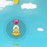 Gökyüzünde bir kuşun üzerinde kırmızı bir elmas asılı, çevresinde bulutlar ve alt kısımda birkaç altın para bulunan bir sahne