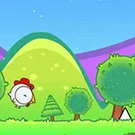 Yeşil tepeler ve ağaçların bulunduğu bir ormanda uçan bir tavuk