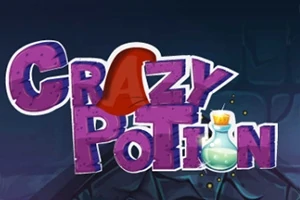 Mor arka plan üzerinde, kırmızı şapka ve cam şişenin yanında Crazy Potion yazısı