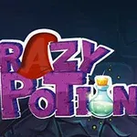 Mor arka plan üzerinde, kırmızı şapka ve cam şişenin yanında Crazy Potion yazısı