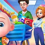 Bir çocuk, alışveriş arabasında yiyeceklerle dolu bir market koridorunda annesi ve babasıyla birlikte