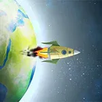 Yeşil ve mavi gezegenin yanından uzaya doğru fırlayan sarı ve yeşil bir roket