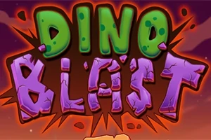Yeşil ve mor büyük harflerle yazılmış Dino Blast metni, turuncu patlama efektleriyle çevrilmiş şekilde