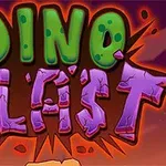 Yeşil ve mor büyük harflerle yazılmış Dino Blast metni, turuncu patlama efektleriyle çevrilmiş şekilde